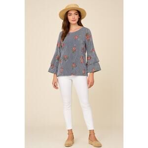 Peach Love California Floral Embroidered Striped Bell Sleeve Blouse T20381-02 M